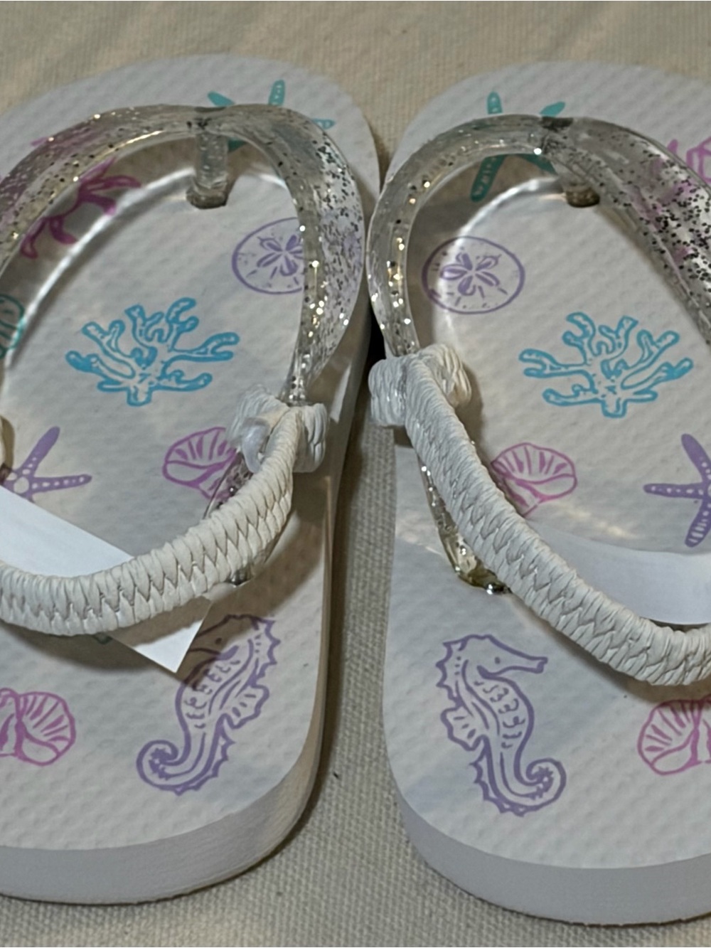 Girls' White Seashore Flip-Flop Sandals with Glitter Straps. Size 4/5